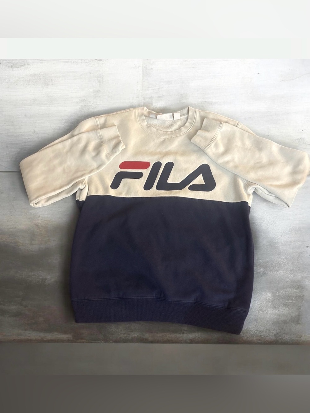 Vintage Fila white and Navy Colorblock Crewneck Sweatshirt with Red Logo Sz S